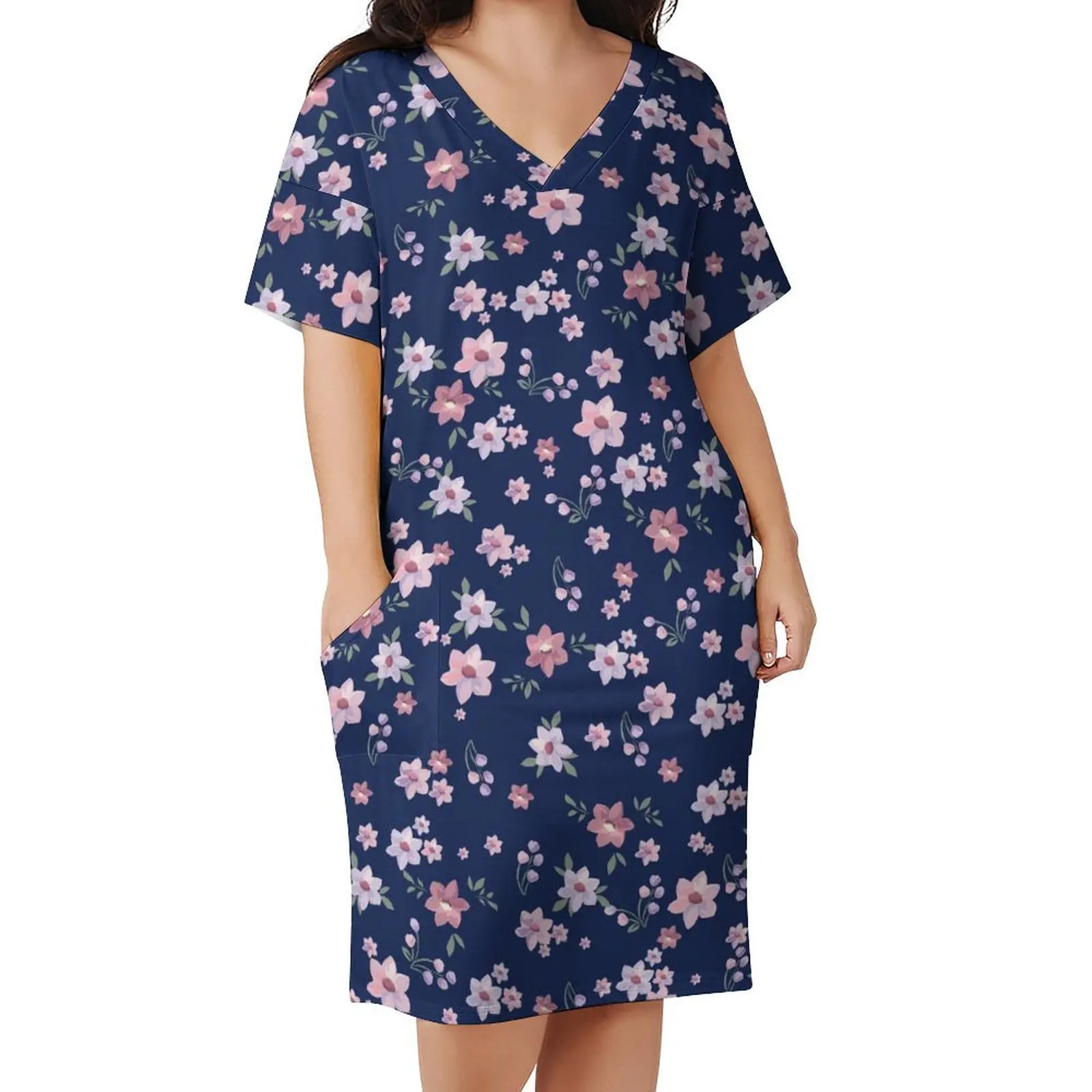 

Blue And Pink Daisies Casual Dress Summer Vintage Floral Kawaii Dresses Women V Neck Custom Aesthetic Dress Big Size