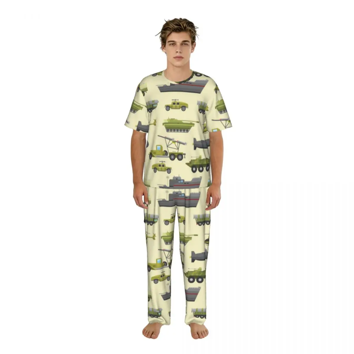 

Sleepwear Summer Spring Home Clothes Military Trucks Pattern Short Sleeve Long Pant Nightwear
