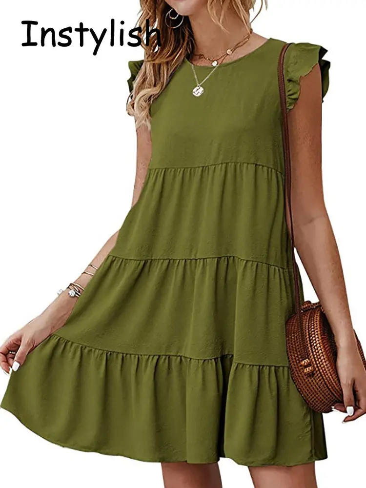 Elegancka damska sukienka mini z falbanką Casual Solid O Neck Beach Party Sundress Simple Chic Loose Short Dress Vintage Harajuku vestido