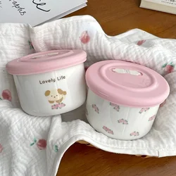 Cute Ceramic Snack Bowl with Lid, Exhaust Hole, Sealed and Fresh-keeping Bowl, Small Lunch Box for Steaming and Cooking