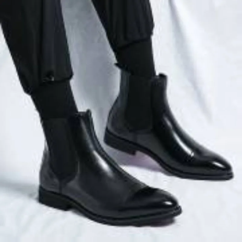 Men's Classic Red Chelsea Boots Pointed Toe Leather Ankle Boots Men British Style Short Boots High-top Business Formal Shoes view 4