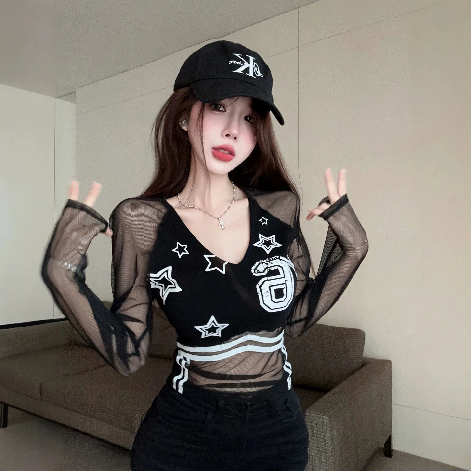 Sexy Spicy Girl Star Print Black Mesh Base Shirt Women's Outerwear Pure Desire Semi-Transparent V-Neck Top Slim Fit Modal Fabric