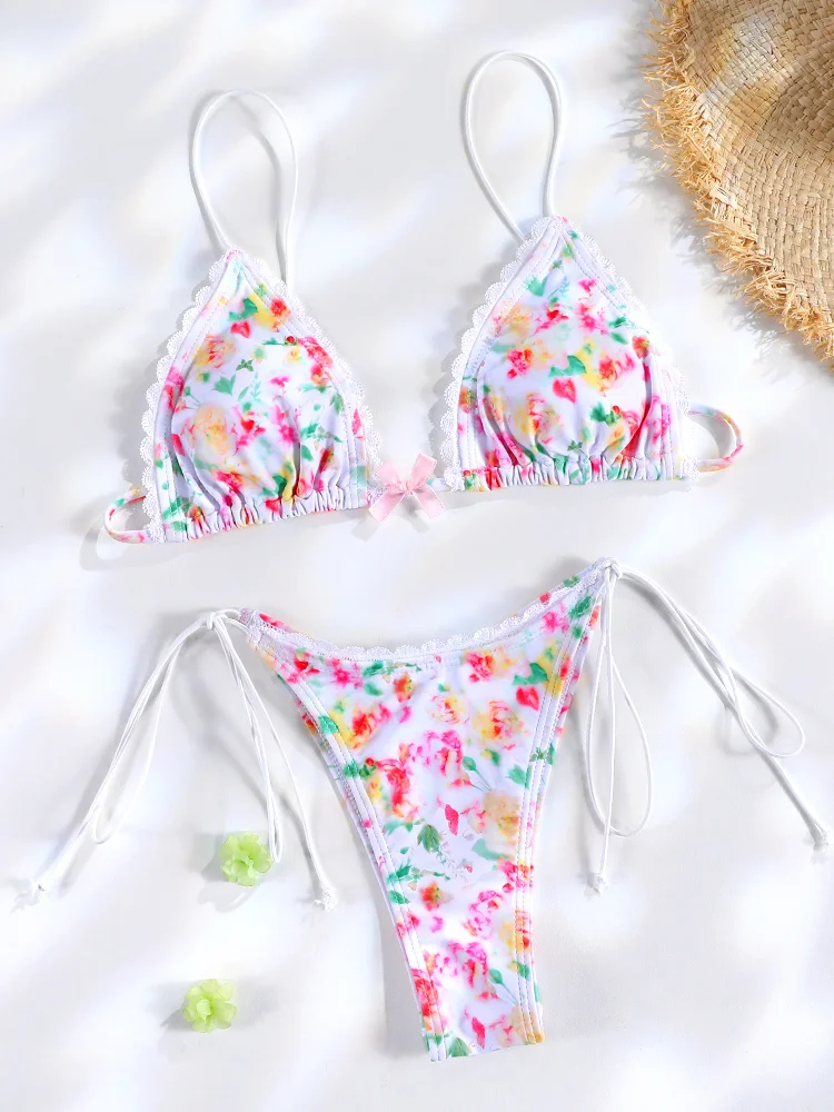 Rinabe Floral Print Bikinis 2026 High Cut Swimsuits Triangle Bikini String Swimwear Bandage Bathing Suit Summer Beachwear