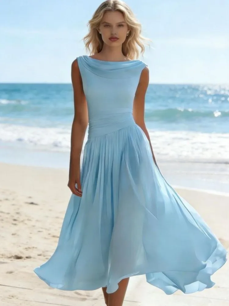 

Elegant Vacation Chiffon Women Dress New Sexy Slim Solid Big Hem Long Dress Lady Temperament O-neck Sleeveless Evening Dress