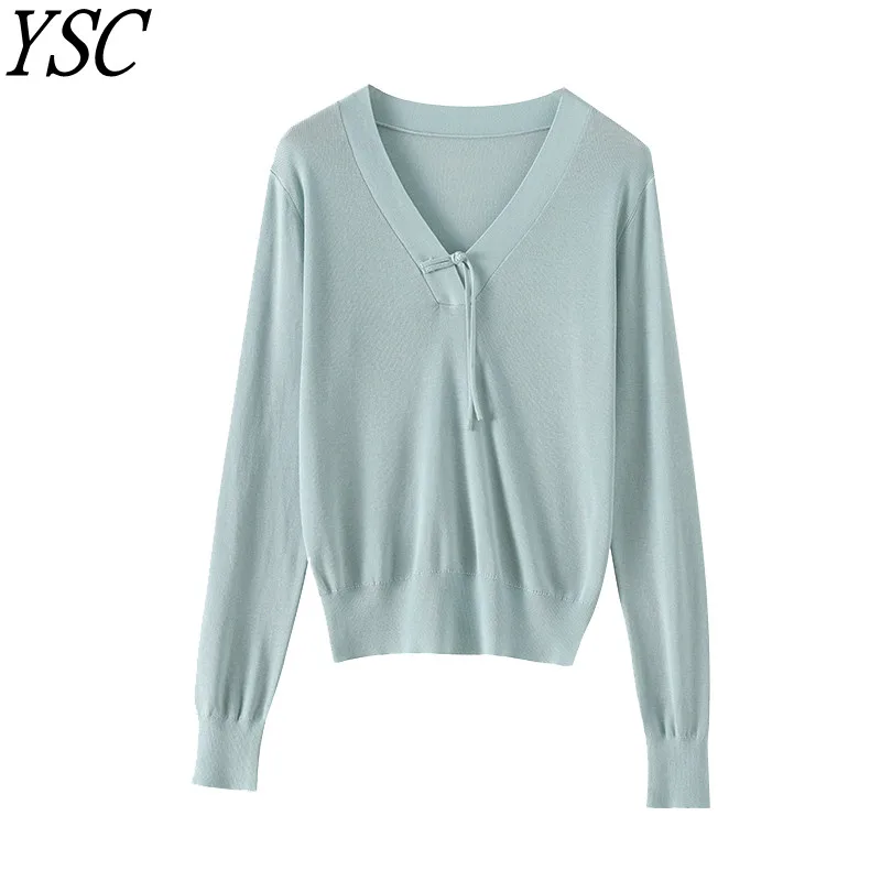 

YSC 2024 New models Women Fine imitation Tencel sweater V-neck Long sleeved Solid color High quality Loose and soft pullover