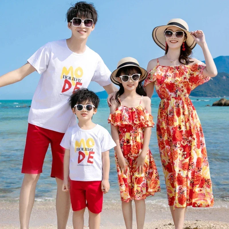 Family Matching Holiday Clothes Vacation Area Couple Look Parent-child Clothing Mom Daughter Resort Dress Dad Son Two Piece Sets