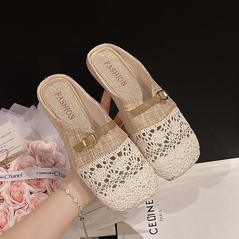 2026Baotou Slippers Summer Soft Sole New Style Pregnant Women Linen Slippers Flat Popular Women's Mesh Lazy