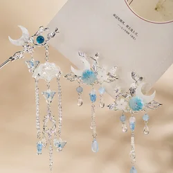 Moon Shaped Tassel Hairpin Chopstick CHinese Hanfu Hair Accessories Blue Flower Hair Clip Retro Girls Cheongsam Hair Bun Jewelry