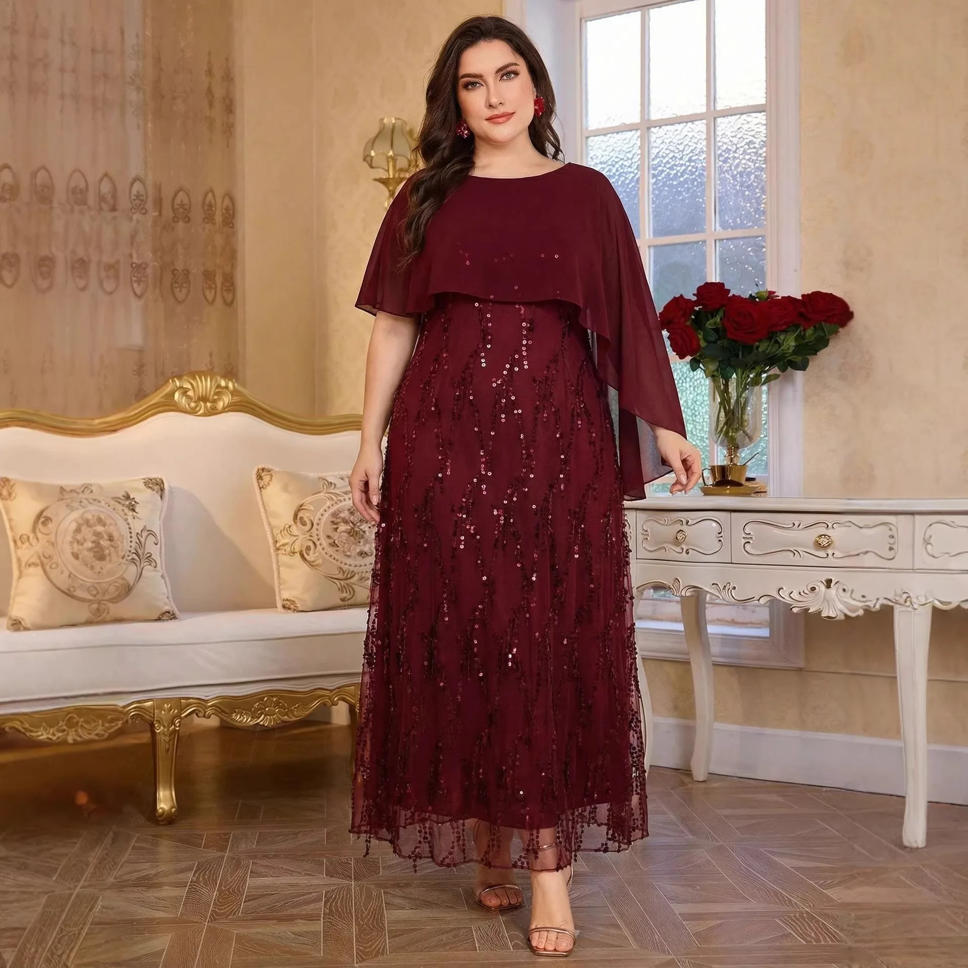 Elegant Sequin Two-piece Plus Size Formal Evening Party Long Dress Bungundy