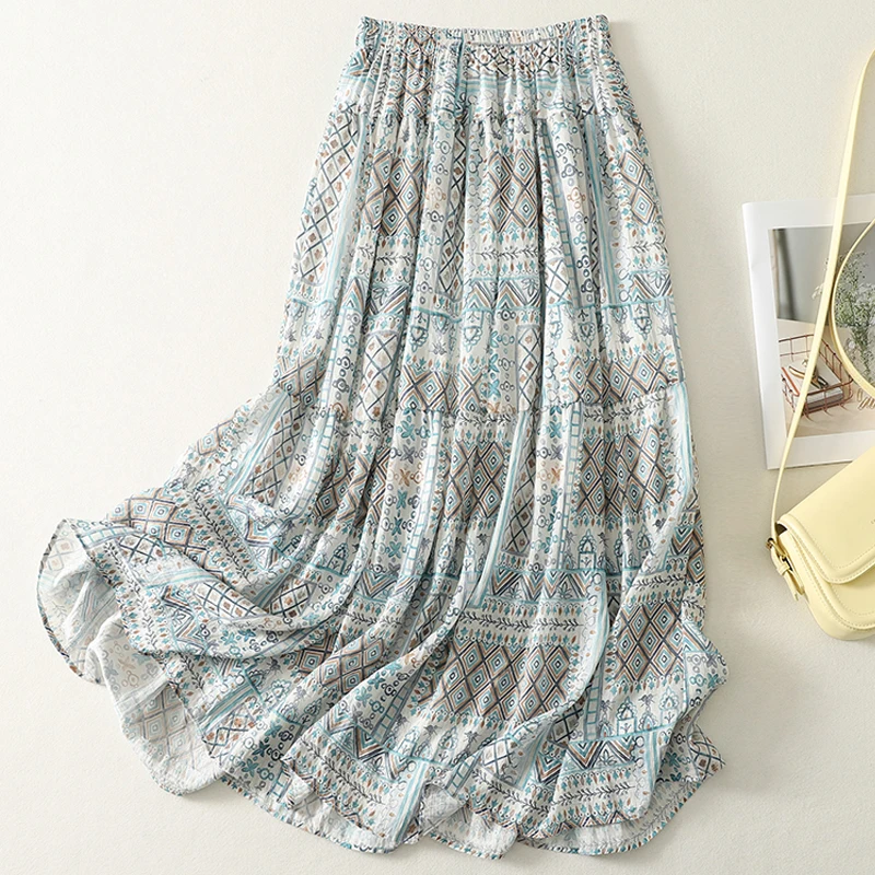 Double Layer Lightweight Floral Print Half Skirt Women's Summer Thin High Waist Wide Hem Skirt Affordable Cotton Elastic Waist