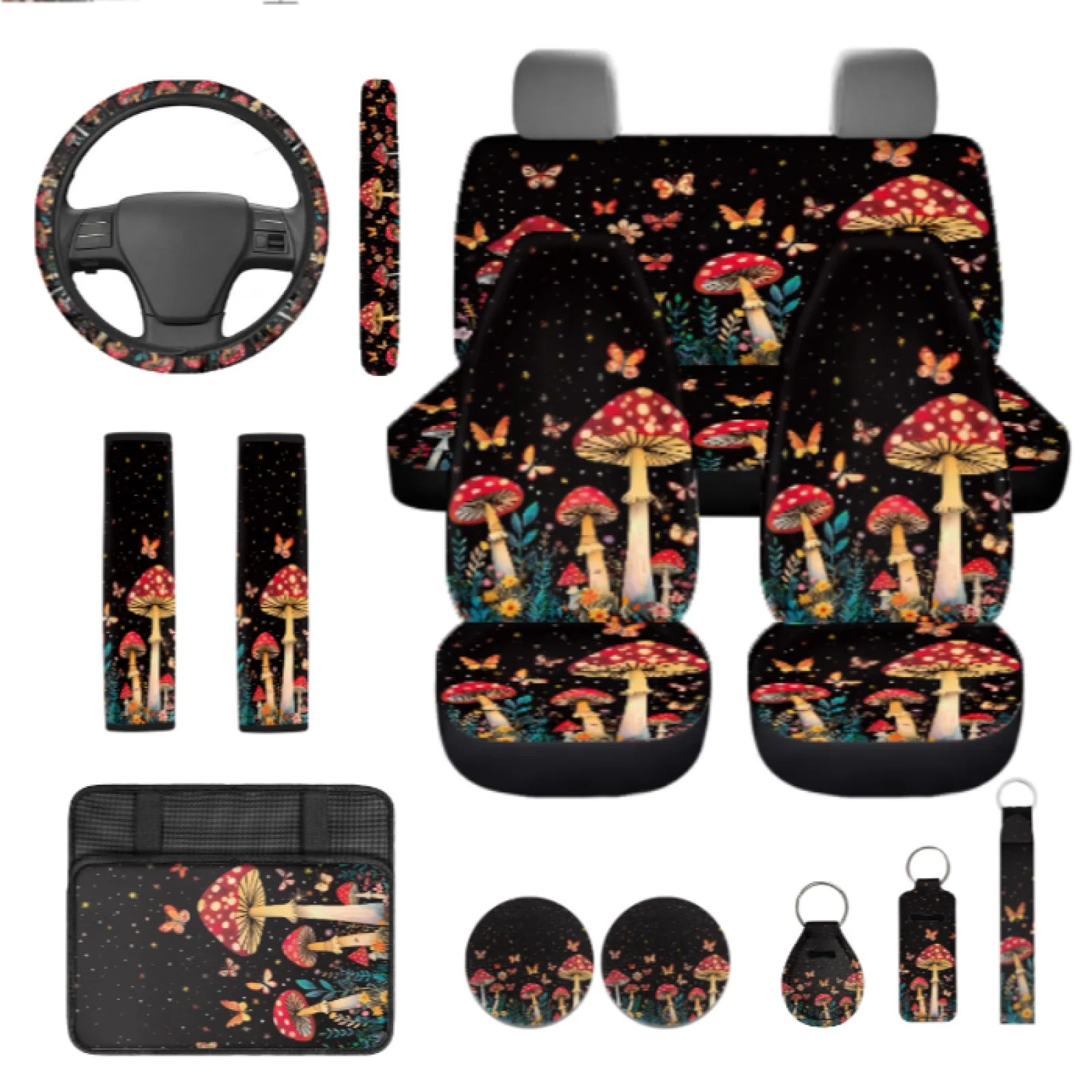 Coloranimal Mushroom Print 13 PCS Set Car Seat Cover Set with Comfortable Lip Balm Pouch and Steering Wheel Cover for SUV