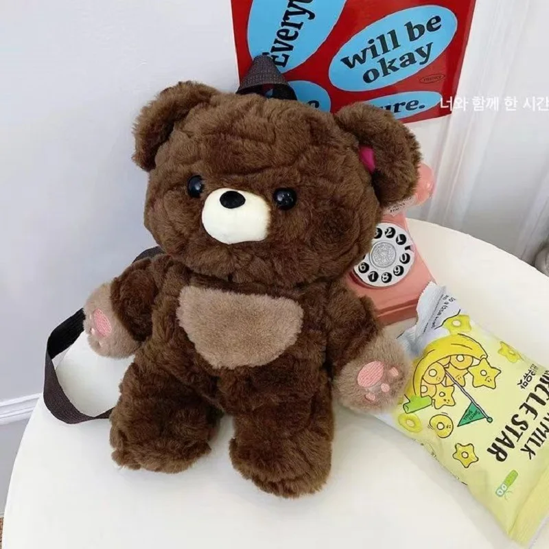 35cm Kawaii Plush Small Bear Backpack Cute Coffee Bear Soft Toy Bag Large-Capacity Stuffed Animal Bags Boys Girls Women Bag Gift