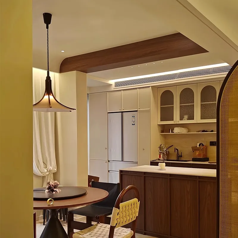 Japanese Style Wooden Fabric Pendant Light Adjustable Stretchable Restaurant Hanging Lamp Tea Room Art Retro Kitchen Coffee Shop