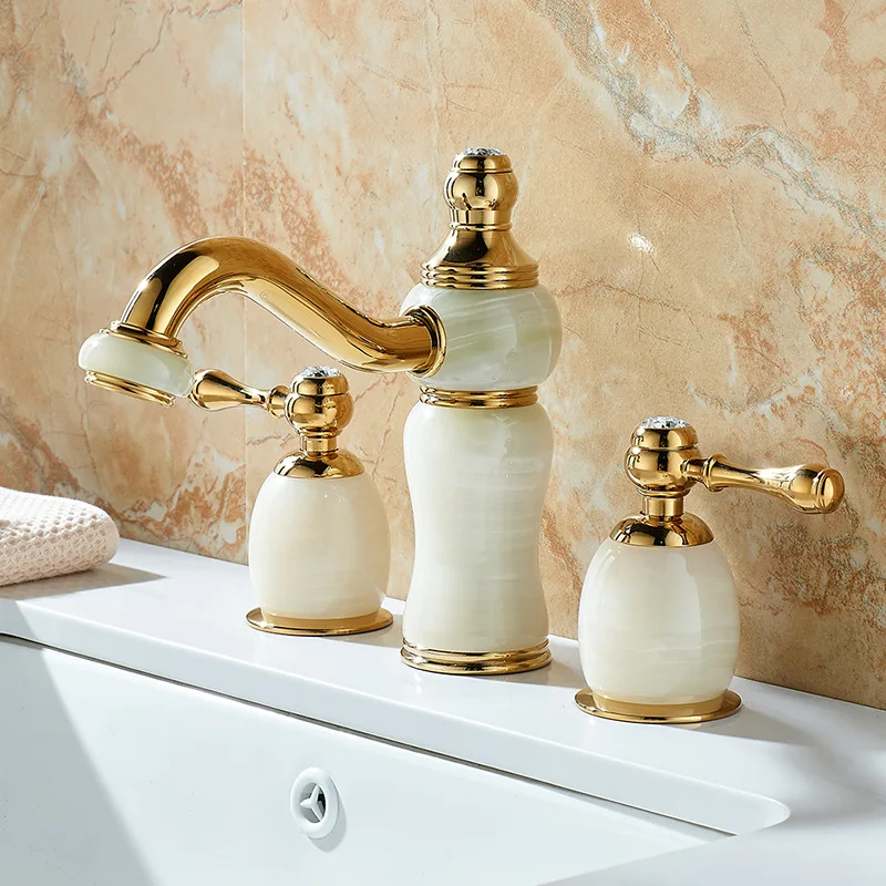 

Golden three-hole basin faucet jade marble hot and cold split faucet European all-copper