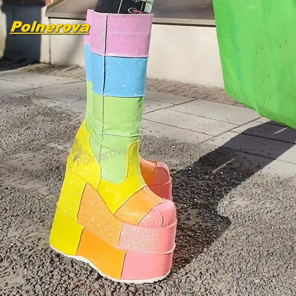Rainbow Color Block Knee High Boots Side Zipper Platform Wedge Y2K Spicy Girl Sexy Club Street Style Cosplay Footwear 2026 Trend