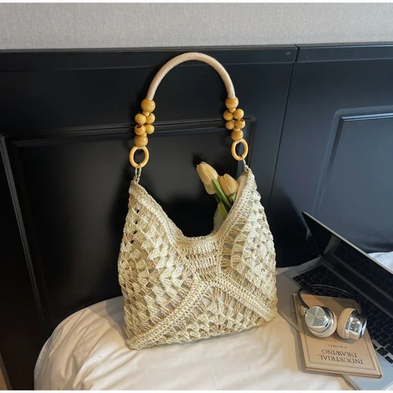 Hohl gestrickte Häkel-Schultertasche, Damen Casual Colorblock Handtasche für den Arbeitsweg, Leichte Sommer-Reisetasche – Detail 5