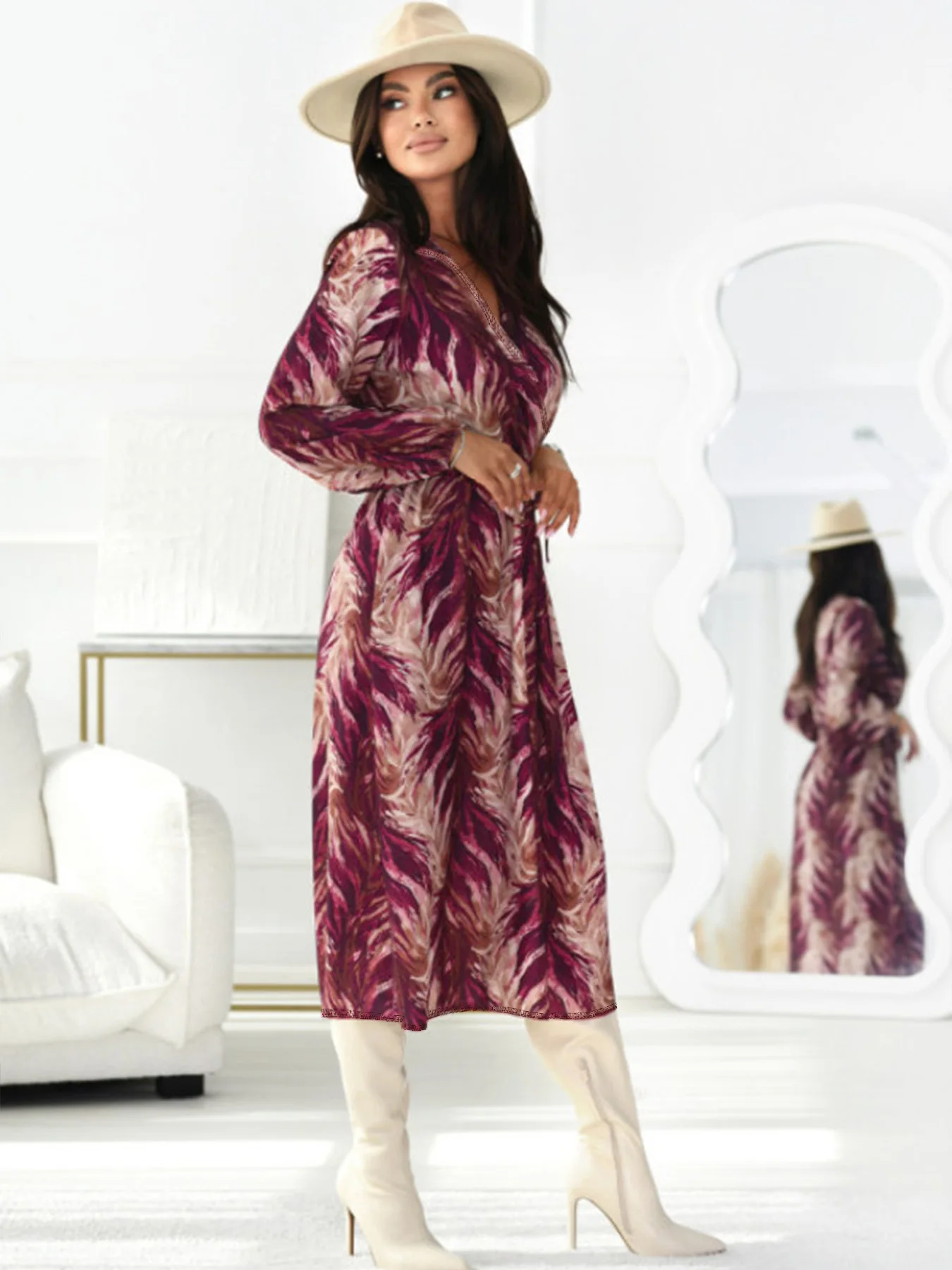 

Elegant Dresses for Woman Burgundy Pink Leaf Print Long Sleeve Midi Dress Side Slit V Neck Prom Dresses Luxury