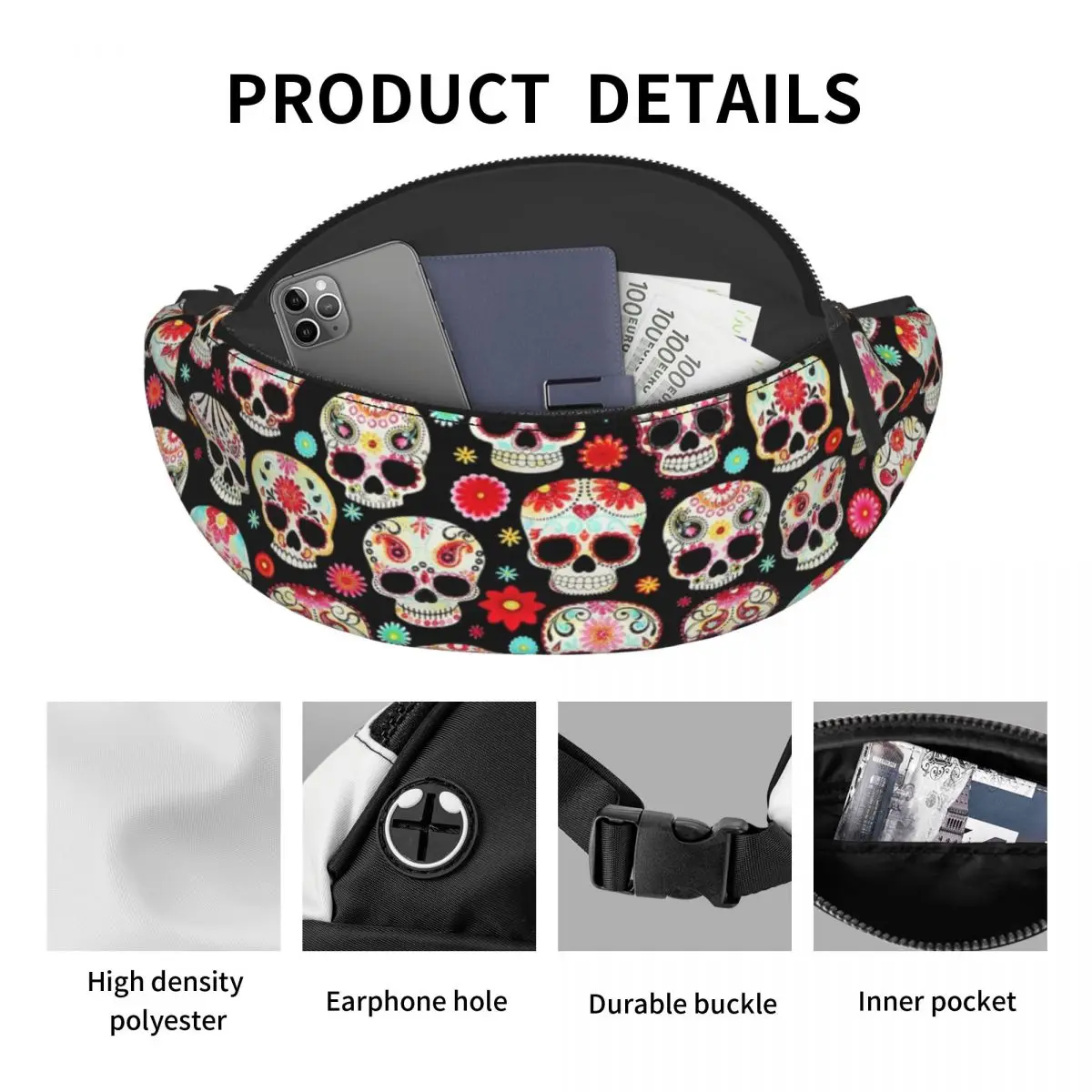 Cool Suiker Schedels Calavera Fanny Pack Voor Fietsen Camping Mannen Vrouwen Crossbody Heuptas Telefoon Geld Pouch