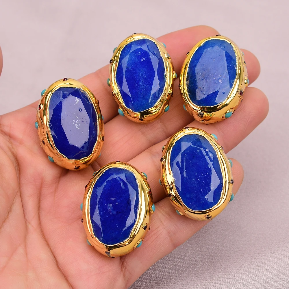 APDGG Wholesale 5 Pcs Big Natural Blue Jade Oval Shape Beads Paved Turquoise Gold Plated Spacer Beads Jewelry DIY