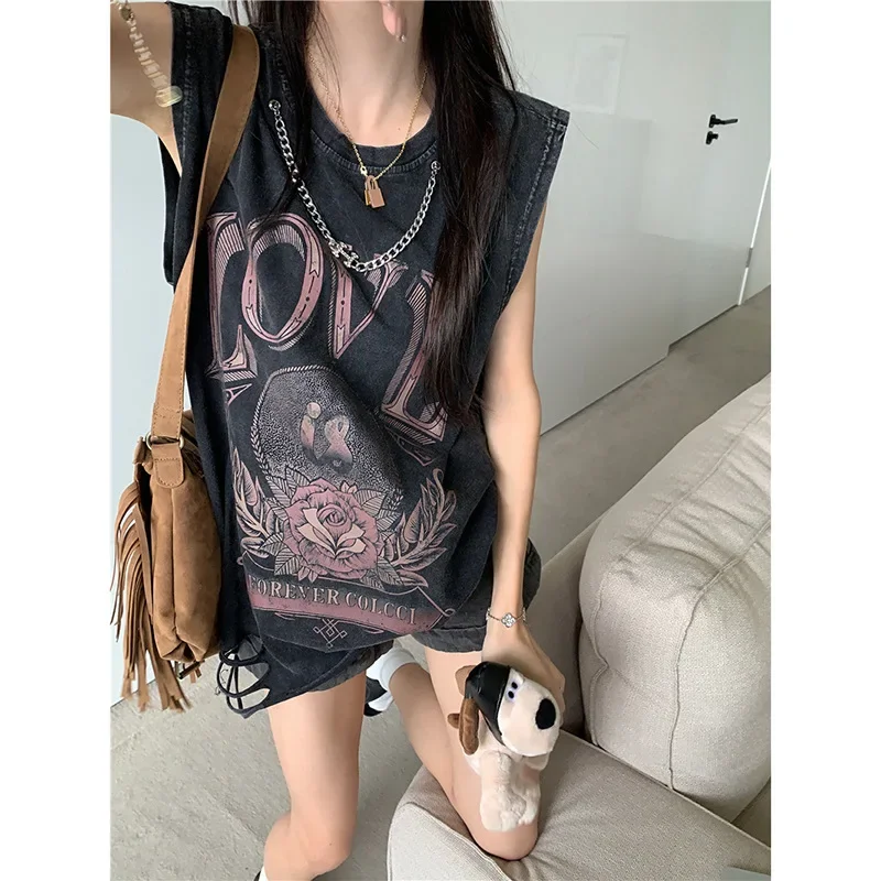 Harajuku Vintage Distressed Washed Ripped Vest t-shirt donna Summer Loose Print senza maniche Top Trend Y2k Top vestiti estetici