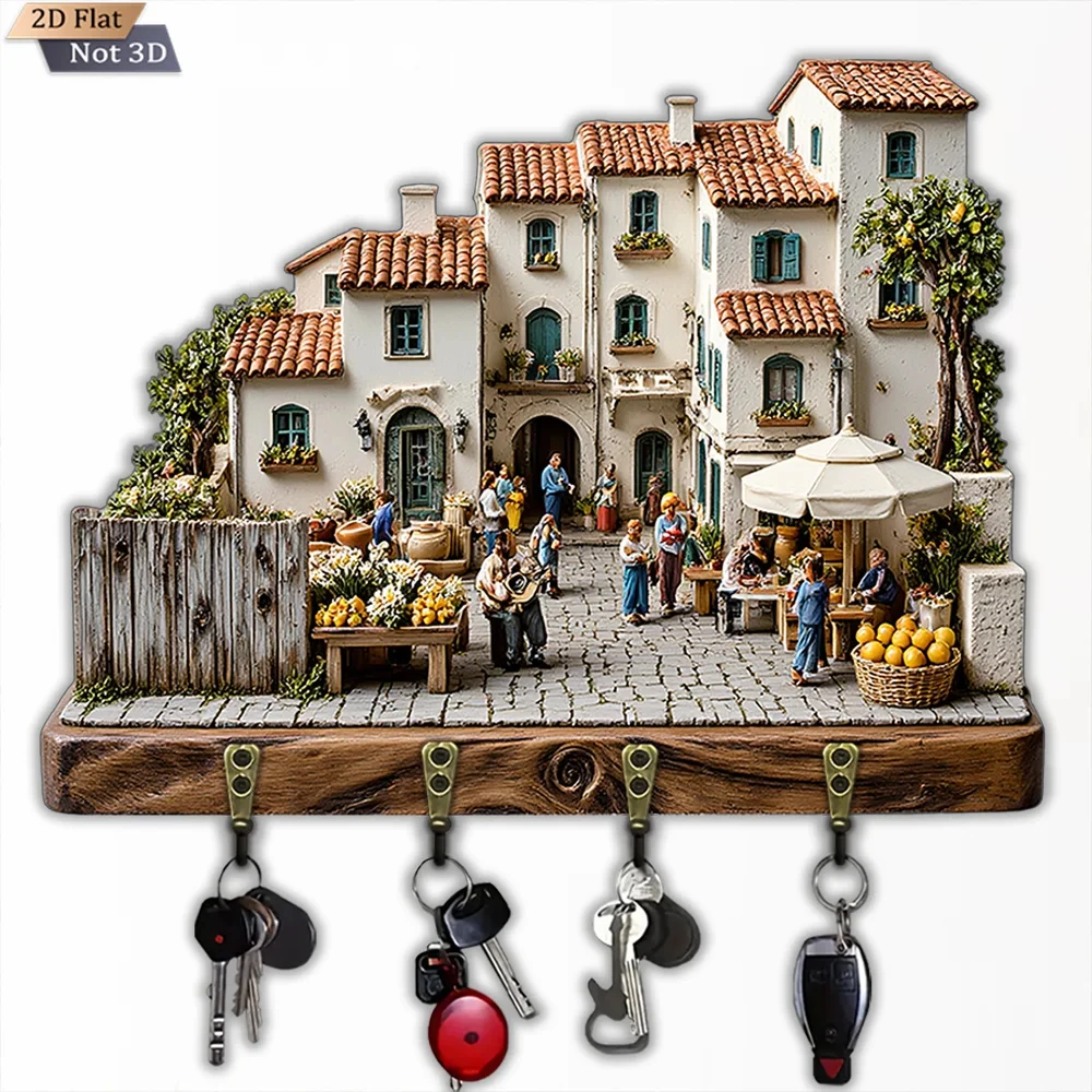 2D Flat, 1pc, Mediterranean-style Village Key Hook, Wooden Multifunctional Home Key Hook, with Four Metal Hooks, Wall