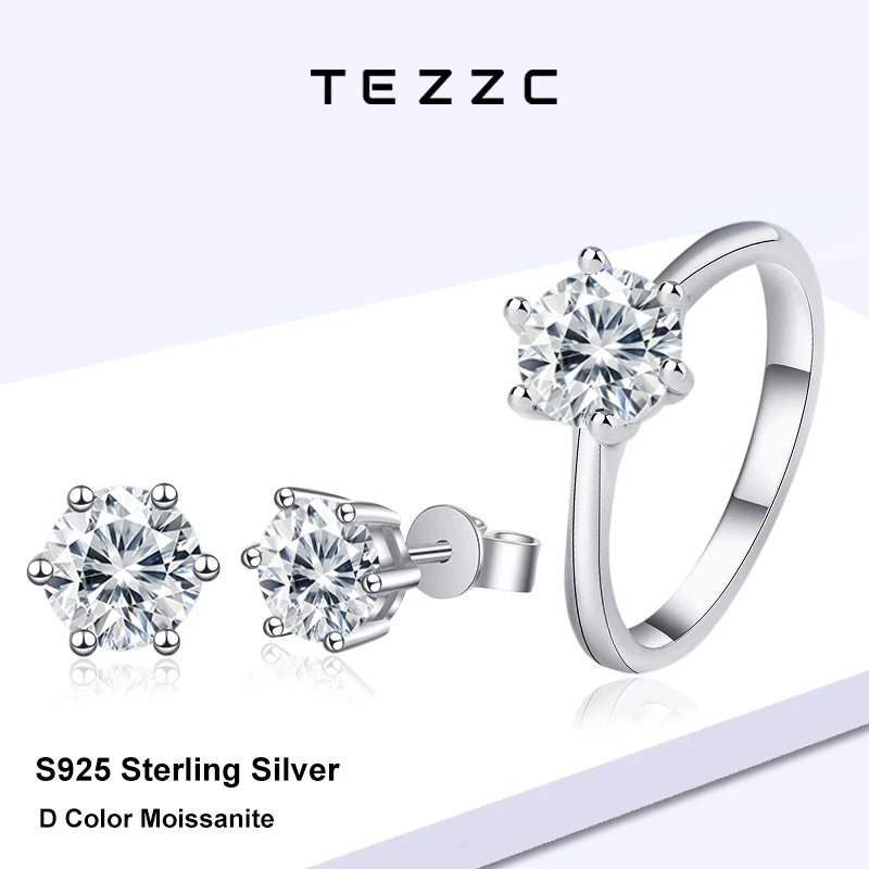 Tezzc Classic Round Moissanite Ring Stud Earrings Set S925 Sterling Silver White Gold Plated Wedding Engagement Fine Jewelry Set