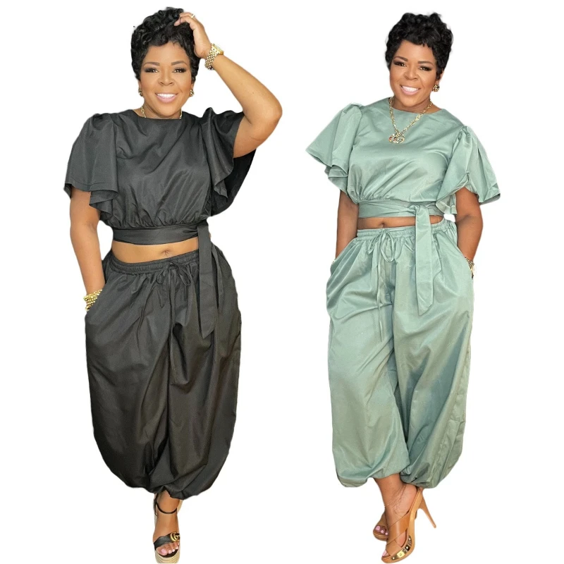 

Women Pant Set Two Piece Sets Round Neck Short Sleeve Tops Wide Leg Long Pants Lace Up Elastic Waist Y2k Streetwear Elegant