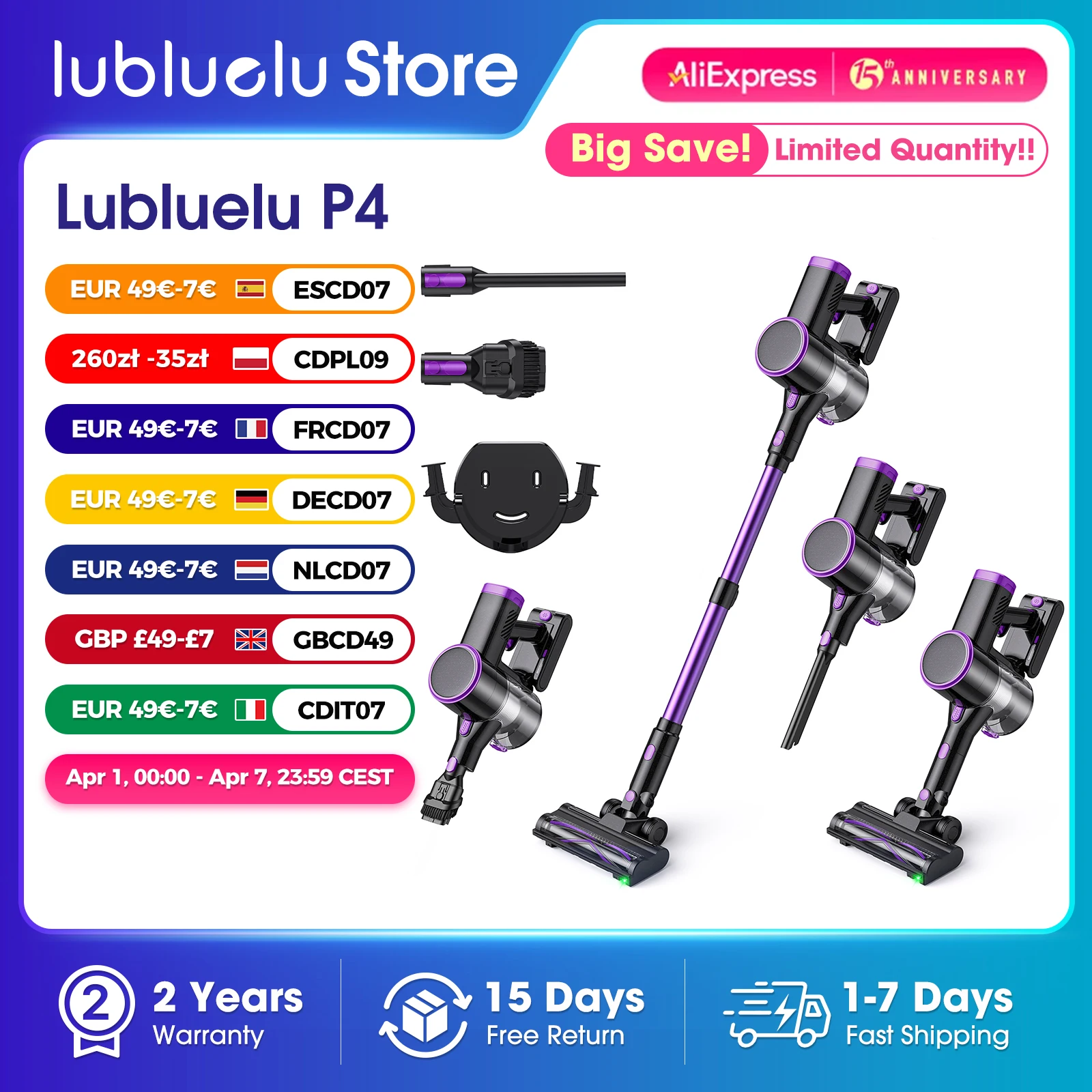 Lubluelu P4 Cordless Vacuum Cleaner 30Kpa Suction, 40Mins Runtime, Self-Standing, Green LED, for Hard Floor Carpet Pet