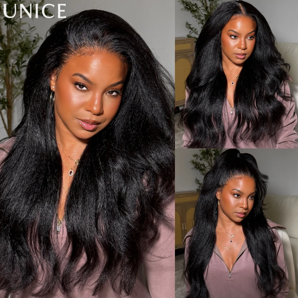 UNICE Real Scalp 13x4 HD Lace Frontal Kinky Straight Wig With Invisi Drawstring Pre Cut Pre Bleached Glueless Human Hair Wig