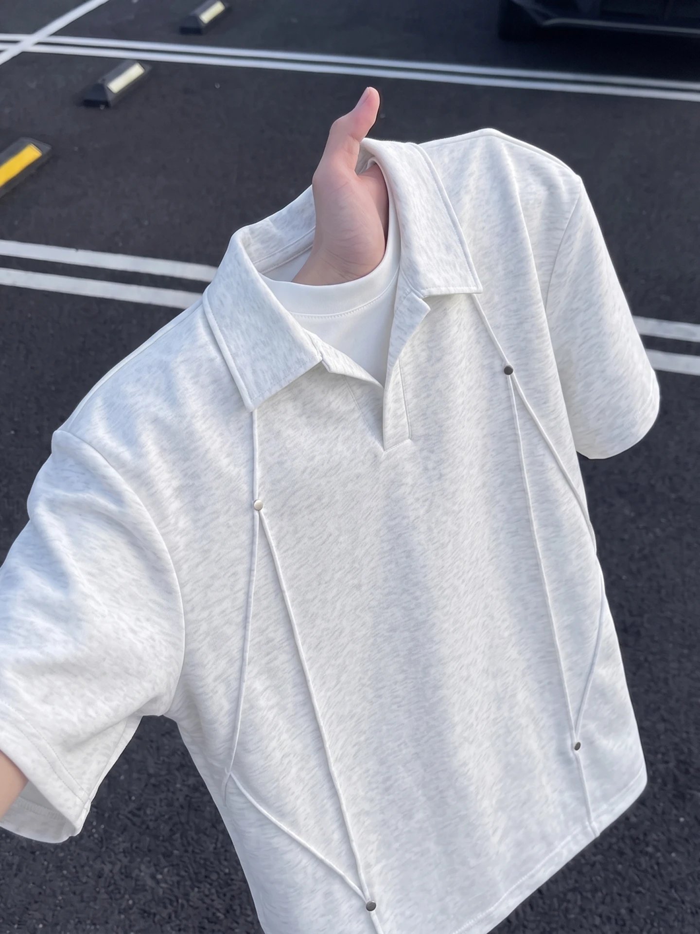 White Men's Short Sleeve  Shirt Seagull Collar Rivet Deconstructed Design Summer Trendy Brand Shoulder Width T-Shirt