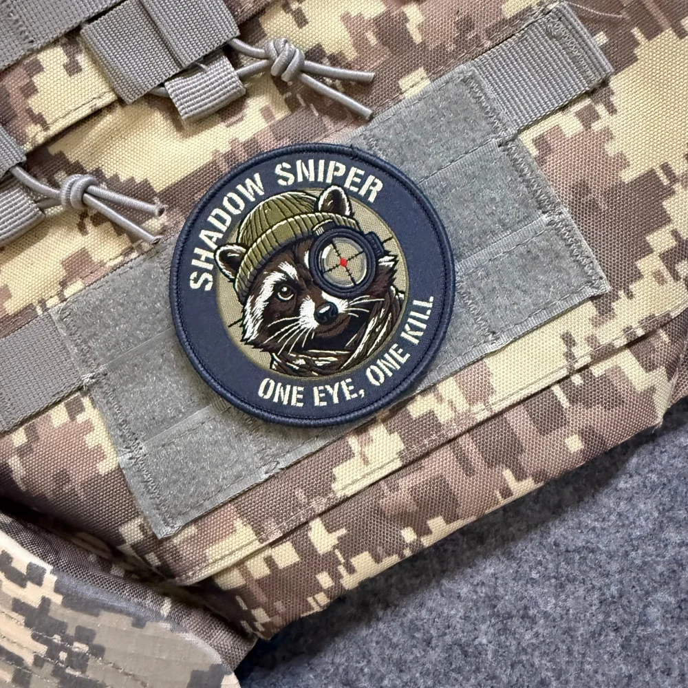 Raccoon Morale Tactical Patch Shadow Sniper Badge One Eye One Kill Patches Trash Animal Soldier Gear Hook & Loop for Backpack