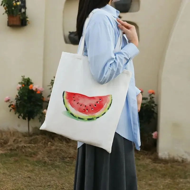 

Холщовая большая сумка с принтом арбуза, многоразовый продуктовый и вдохновляющий подарок, мягкий повседневный стиль, фрукты для праздников и повседневного использования