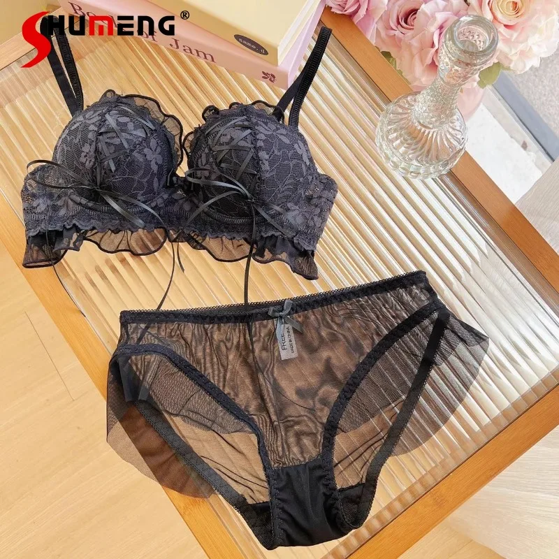 

Butterfly Knot Lace Lingerie for Women Sweet Pure Desire Small Chest Brief Sets FEMALE Push Up Wireless Japanese Style Bra Set