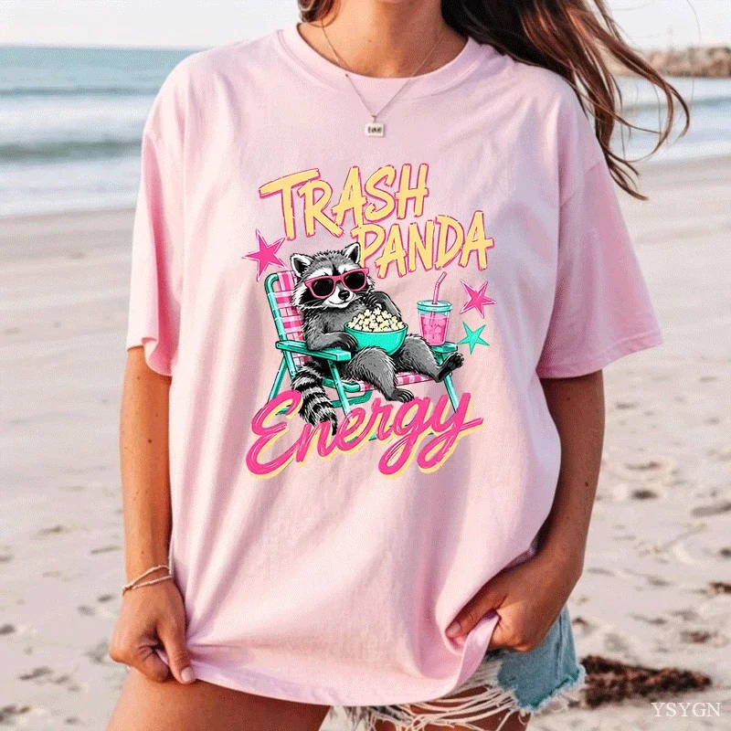 Trash Panda Energy Funny Vacation Raccoon Graphic T Shirt Women Cool Cartoon Animal Art Print Tee Casual Short Sleeve Cotton Top