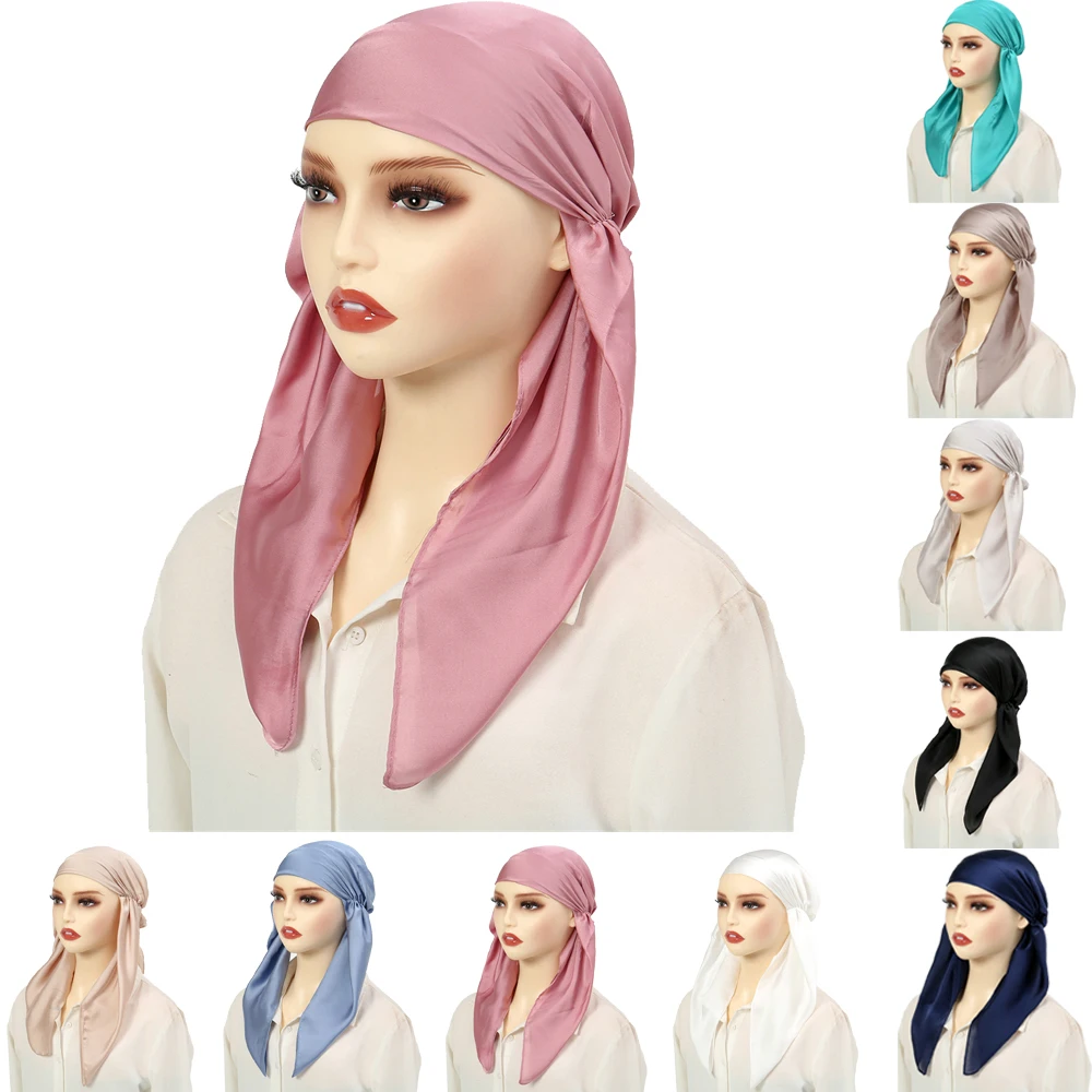 

Women Muslim Hijab Fashion Satin Turban Hat Pre Tied Scarf Hair Loss Head Scarf Muslim Headwrap Pretied Bandana Turbante Mujer