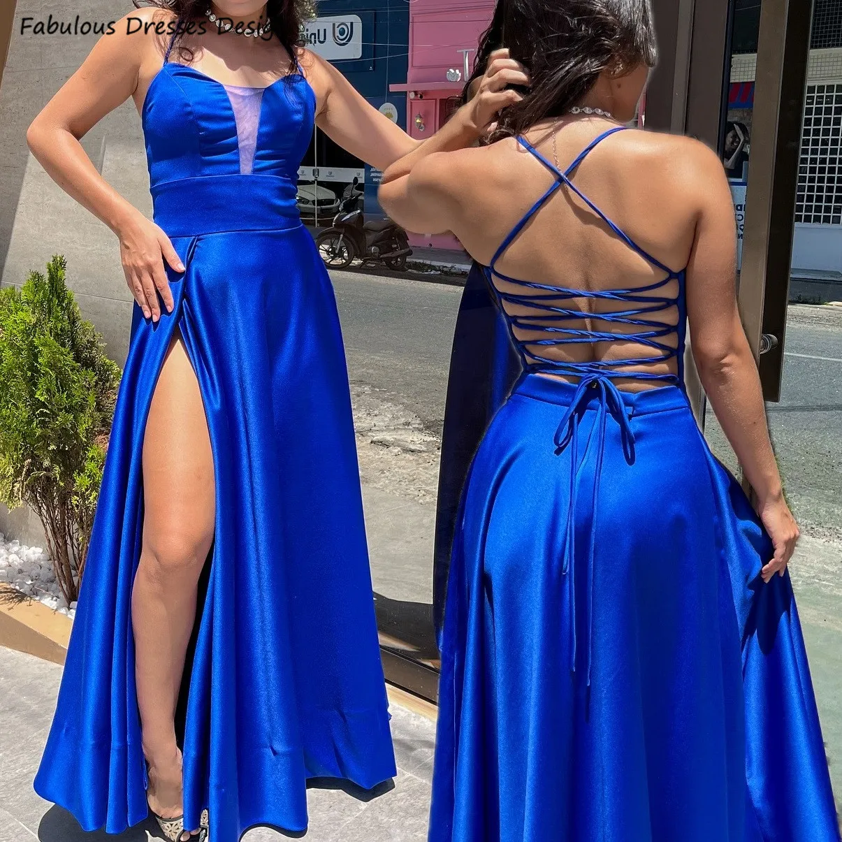 Vestidos de fiesta con abertura cruzada y espalda descubierta, vestido de noche largo de corte en A, color azul real, transparente, con cuello en V, tirantes finos, vestido de invitados de boda