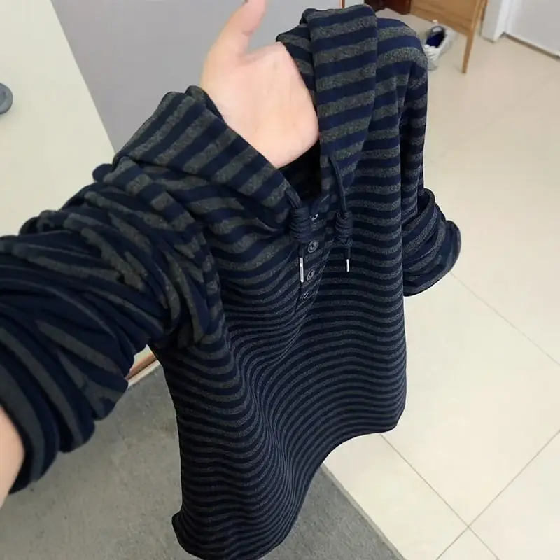 Korean Style Long Sleeve Hoodie Women's Casual Base Layer Shirt Color Block Striped Inner Wear Top Loose Fit Comfortable Cotton