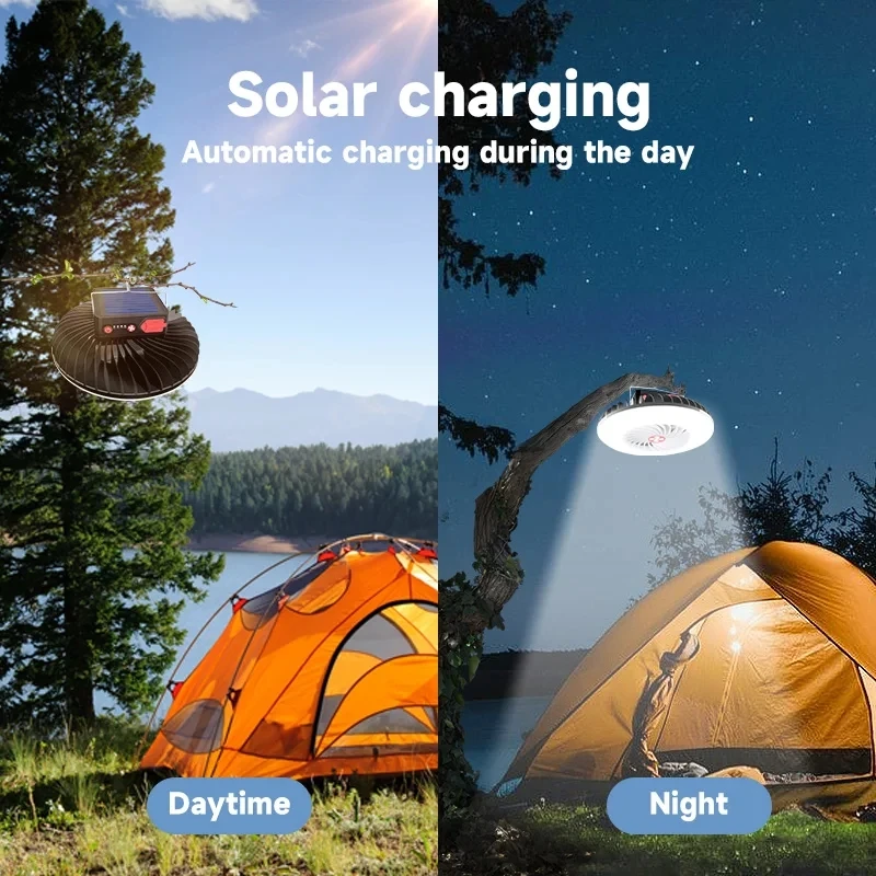 Multifunctional Camping Lamp Solar And USB Charging Portable Fan Light 2400mAh Outdoor Waterproof Tent Hanging Lighting Lantern