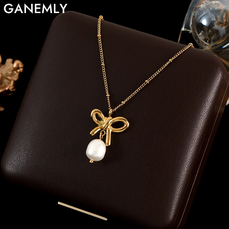 GANEMLY 316L Stainless Steel Bowknot Pearl Pendant Necklace For Women Trendy Gold Color Neck Chain Waterproof Jewelry Gift