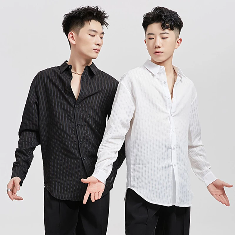 الرجال الوطنية القياسية اللاتينية الرقص قميص الكبار الذكور طويلة الأكمام شريطية قمصان قاعة الرقص ممارسة الأداء القمم BL13678