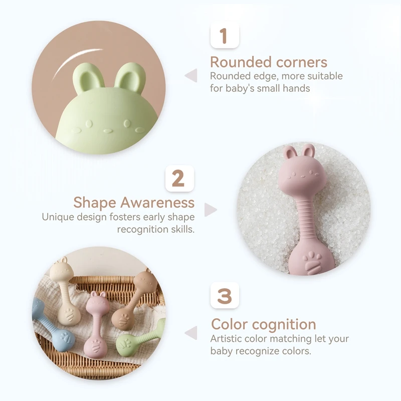 Silicone Rattle Teeth Toy 0-12 Months Baby Teething Chewing Toys Cartoon Rabbit Touch Sound Sensory Teething Gifts For Newborns