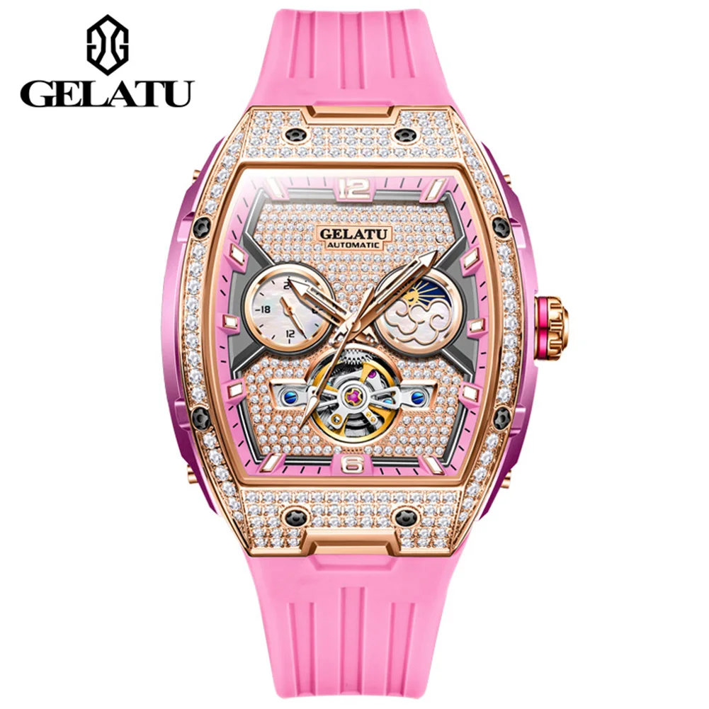 GELATU Luxury Automatic Mechanical Watches for Women Fashion Silicone Strap Full Diamond Hollowed Moon Phase Chronograph 6016