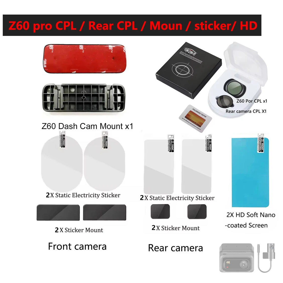 for DDPAI Dash Cam Z60 pro 4K CPL Filter Rear camera CPL HD Lens Dust Protection Anti Glare CPL Filter / Z60 PRO Dash Cam Mount