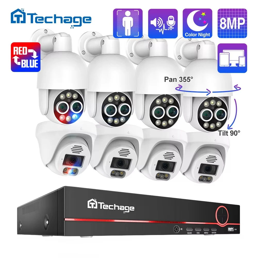 Techage 8CH 4K 8MP PoE Security Camera System Smart AI Human Detected Dual Lens PTZ PoE Camera H.265 Video CCTV P2P XMeye ONVIF