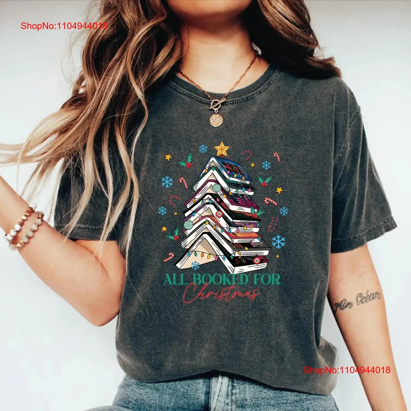 

Acotar All Booked for Christmas T Shirt Book Lover Bookish Xmas Xtmas Throne Of Glass Tree Books vintage Washed