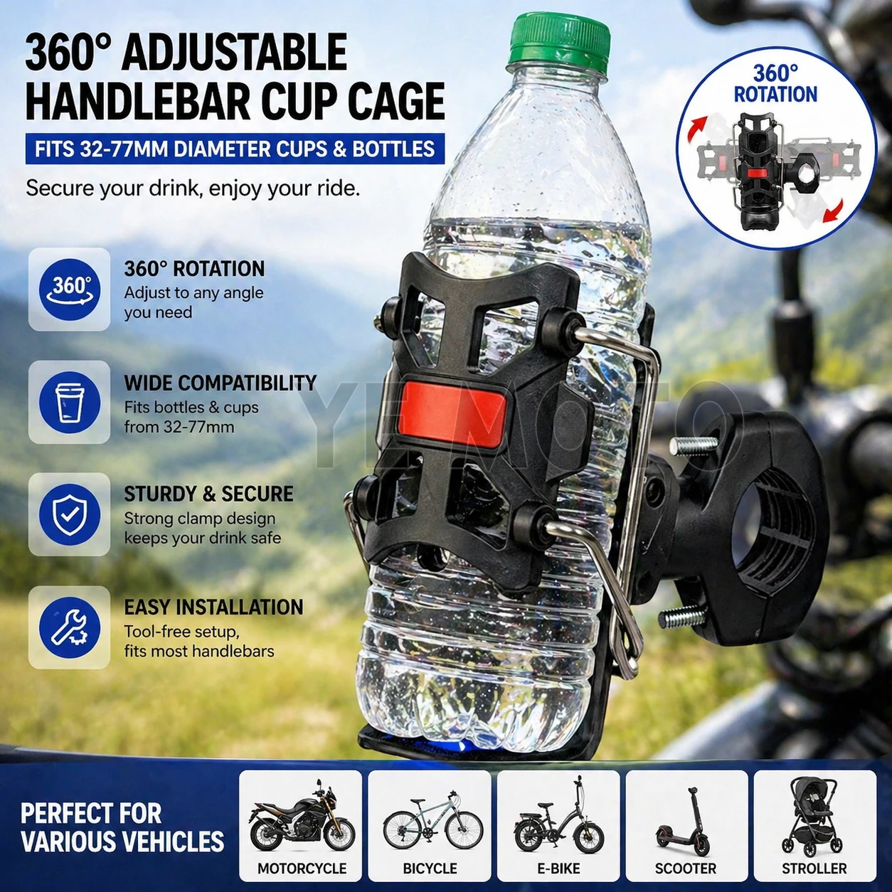 

360° Adjustable Motorcycle Bicycle Water Cup Holder Riding Bottle Holder Universal Bicycle Accessories Mountain Bike Water Bottl