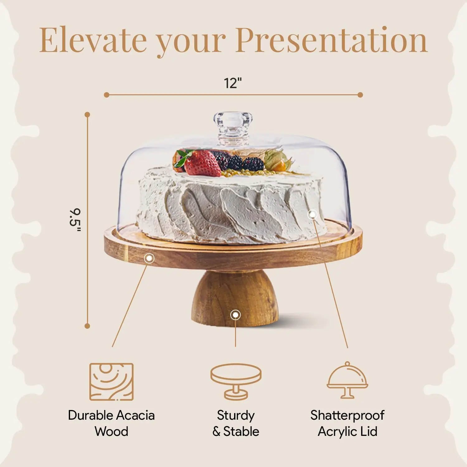 Acacia Wood Cake Stand with Acrylic Dome - 12
