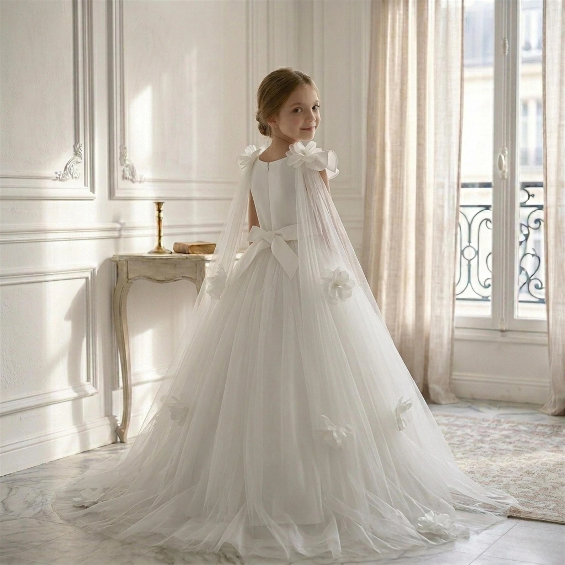 Customized White Flower Girl Dress For Wedding Appliques Bow Floor Length Sleeveless Luxury Kids Birthday First Communion Gown