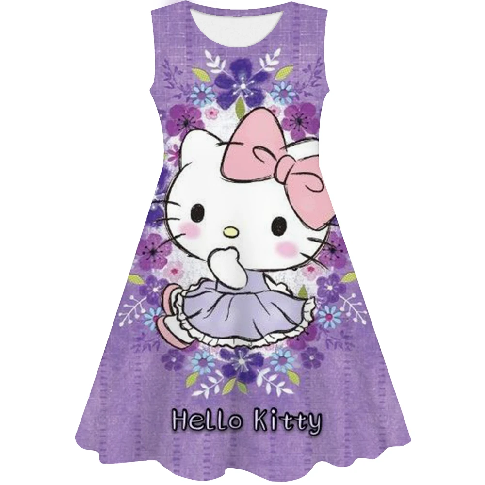 Vestido Anime HelloKitty infantil, roupas casuais das meninas, roupas sem mangas, impressão 3D fofa, verão, 2024