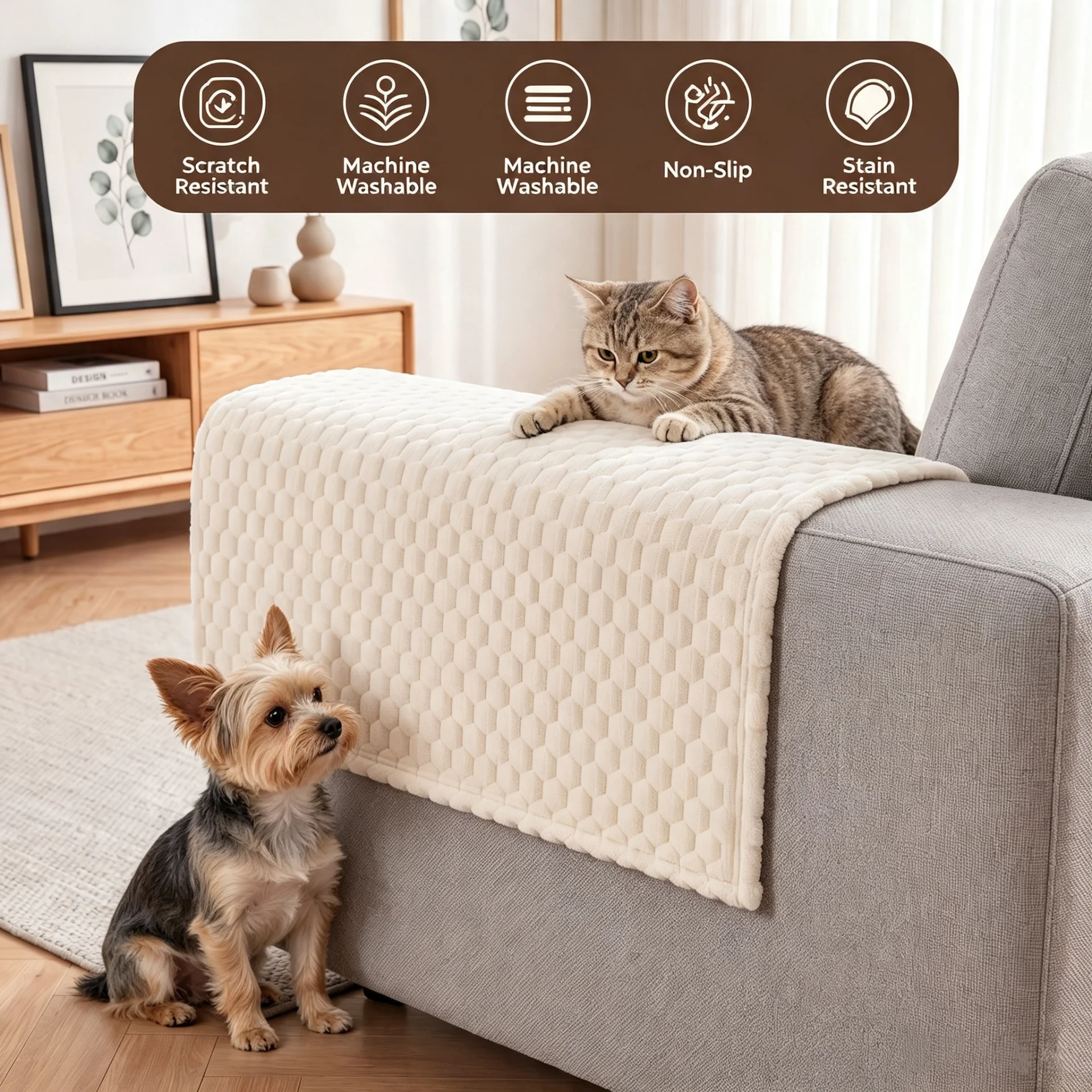 Honeycomb Velvet Pet‑Friendly Sofa Armrest Pad Washable Scratch Resistant Wear‑Proof Easy Install Seat Headrest Backrest Cover